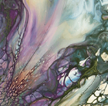 A colorful acrylic bloom featuring lavenders, blues, greens, black, and gold cells