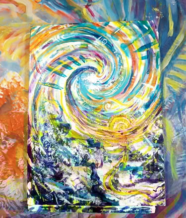 peinture acrylique aux couleurs vives représentant un paysage montagneux enneigé au style psychédélique et abstrait