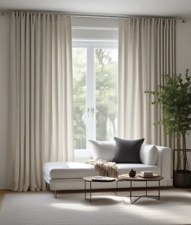 Golden curtains with folds and soft textures are prominently displayed, creating an impression of elegance and luxury.
