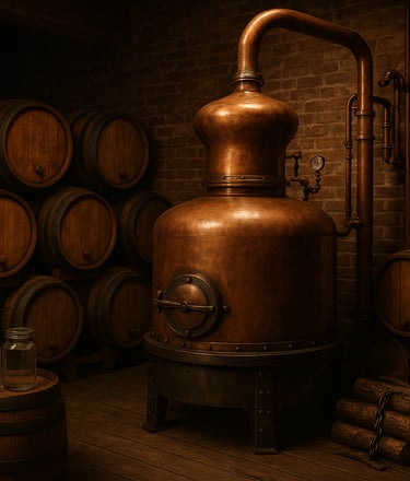 a copper potted still in the process of being used as a whiskey disti