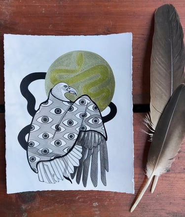 An eagle wearing a power blanket sitting in front of the moon. Two feathers frame the right side.