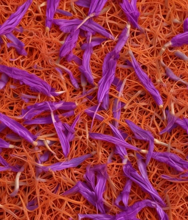 A cluster of vibrant purple saffron flowers with long red stigmas blooming amidst brown autumn leaves. The petals are delicately lined and arranged in a visually striking pattern, capturing attention with their bright contrast against the muted background.