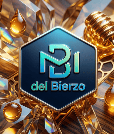 Sello 3D de la Marca de Garantía Miel del Bierzo rodeado de gotas de miel pura dorada y un cucharón 