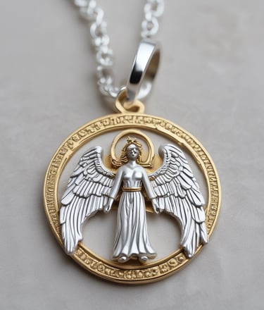 Close-up of an intricate angel pendant showcasing divine craftsmanship.