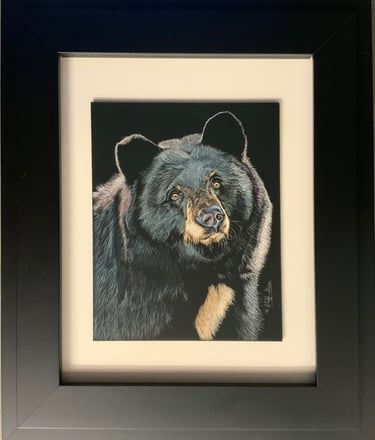 Framed black bear portrait art with realistic fur details on a black background.