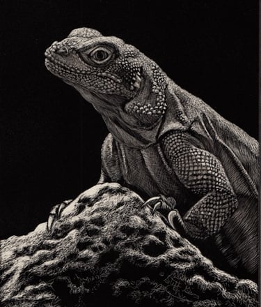 Detailed black and white scratchboard art of a chuckwalla lizard resting on a textured rock.