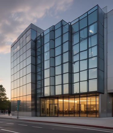 A modern architectural facade features large glass windows adorned with geometric patterns. Metal frames and beams create a grid-like structure, allowing ample light to penetrate. The design reflects urban sophistication and contemporary styling.