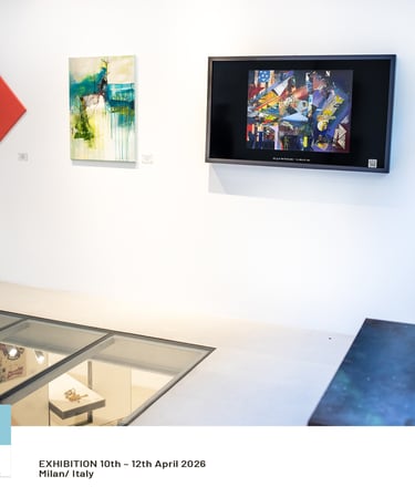 Fine art by Margueritte Tonbazian exhibited on digital screens in Milan, Italy, 2026.