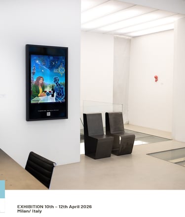 Fine art by Margueritte Tonbazian exhibited on digital screens in Milan, Italy, 2026.