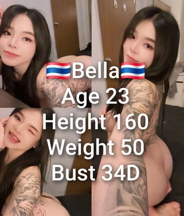 A collage of a young Thai woman named Bella featuring her tattoos, physical stats, and long black hair.