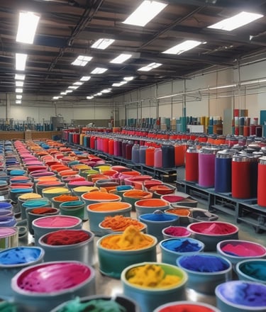 Two men are engaged in a manual screen-printing process in an industrial setting. They are using large screens to apply patterns onto fabrics. The environment appears to be a workshop with various tools and materials scattered around. Ambient lighting creates a focused but slightly dim atmosphere.