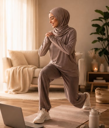 Femme musulmane réalisant une séance de coaching sportif en ligne à domicile, sur PC