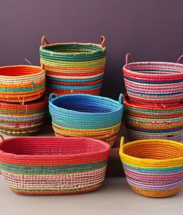 Artisan crafting a woven basket with natural fibers in a sunlit workshop