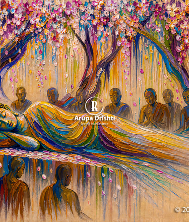 Textured impasto oil painting of a reclining Buddha surrounded by monks under colorful flowering trees.
