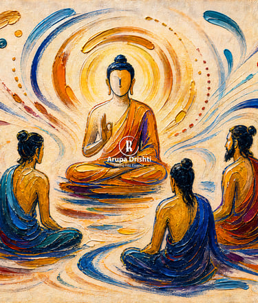 Textured oil painting of Buddha teaching five monks in a colorful, expressive impressionist style.