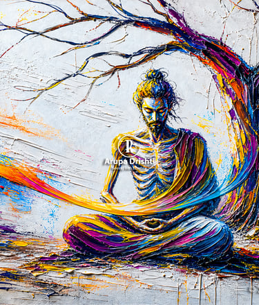 Siddhartha ends extreme fasting, realizing balance under a barren tree as harsh strokes fade and the Middle Path emerges.