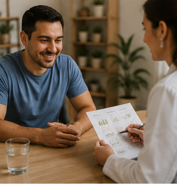 Hombre de 40 años tomando consulta nutricional personalizada presencial