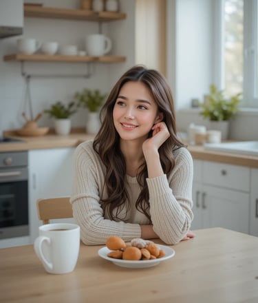Mujer reflexionando frente a un desayuno saludable