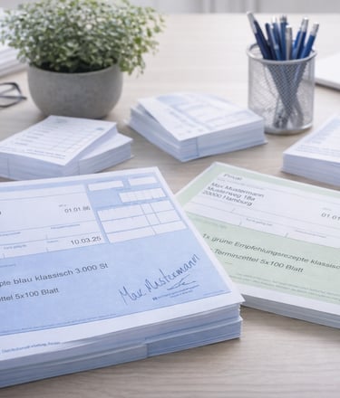 Stacks of printed medical prescription pads and appointment forms on an office desk with stationery.