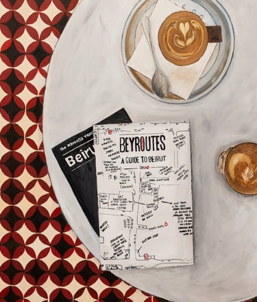 painting of a latte and Beirut guide by Ta'ala Artist Lebanese contemporary painter Myriam Kayali