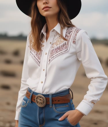 A stylish man wearing a crisp, clean western shirt standing against a rustic wooden fence under a clear blue sky.