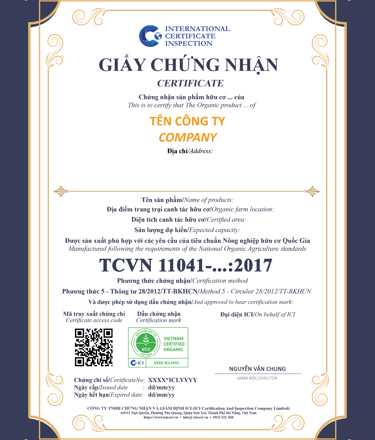Mẫu giấy chứng nhận sản phẩm hữu cơ