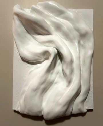 Abstract sculptural canvas with carved plaster lines creating a quiet architectural rhythm.
