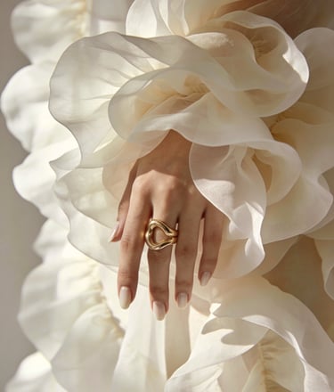 Elegant hand with sculptural gold ring emerging through flowing ivory couture fabric.