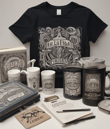 A flat lay of book-themed sweatshirts, t-shirts, and drinkware arranged on a rustic wooden table.