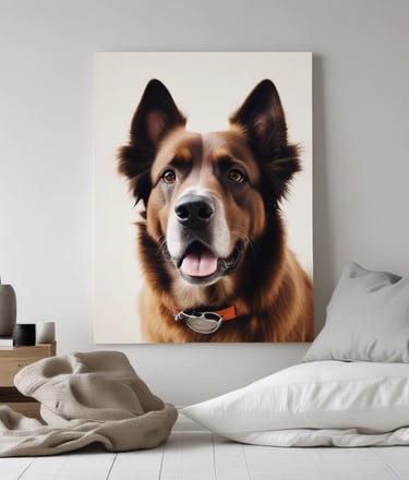 A cozy living room wall decorated with a custom canvas portrait of a happy dog.