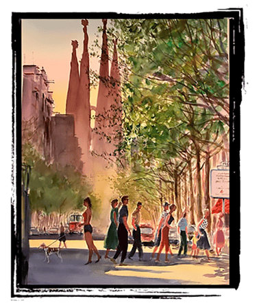 a watercolor painting of a peaple walking barcelona