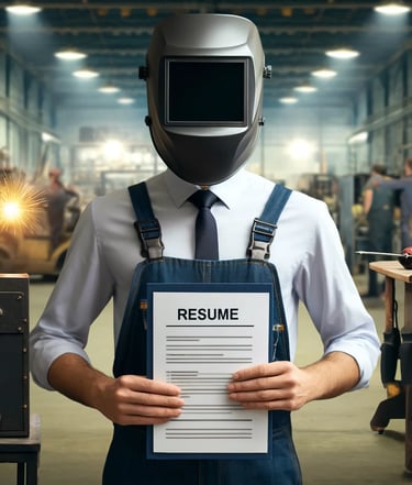 a man in a welding helmet is holding a resume and applying for a job