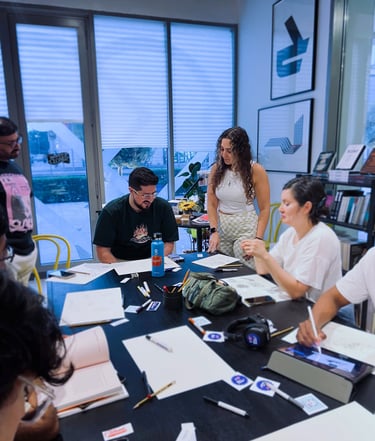 Judy hosting a Shu Neue meetup standing next to other designers and creatives