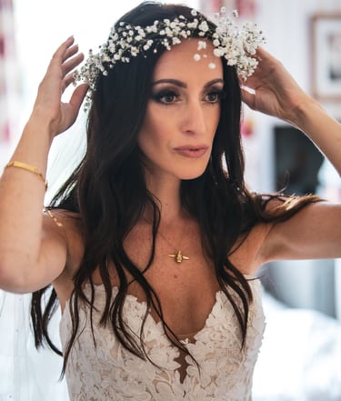 A bride in a wedding dress in full hair & makeup