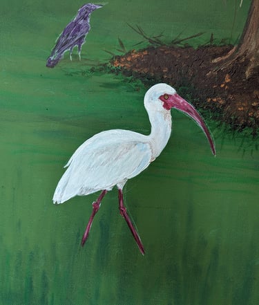 Work-in-Progress WIP acrylic painting of an ibis, and crow.