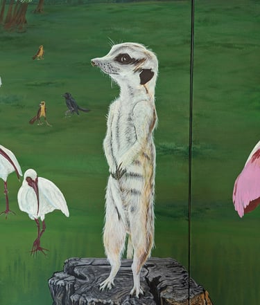 Acrylic painting of a female meerkat standing on a stump looking off into a field of wildlife.