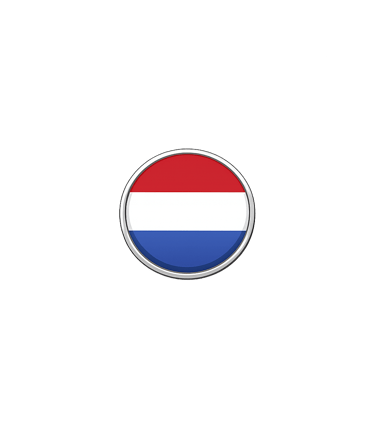 A circular glossy badge featuring the red, white, and blue flag of the Netherlands on a black background.