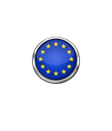 Glossy European Union flag button with a metallic border centered on a black background.