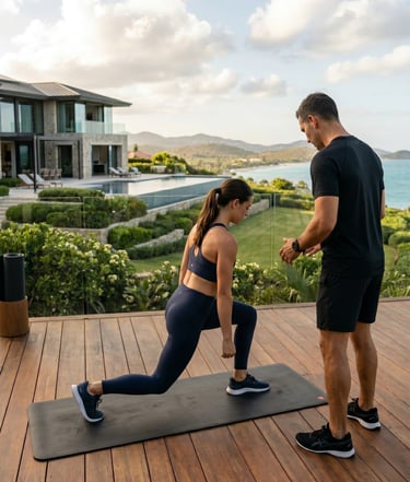 private fitness trainer and performance coach training a client at their luxury estate