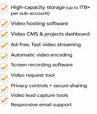 A checklist of video hosting software features including 1TB storage, CMS, and lead capture tools.