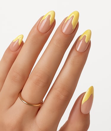 a women's hand with yellow designed press on nails