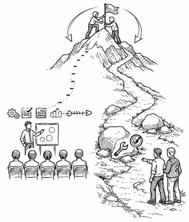 Hand-drawn illustration showing business strategy, team training, and workers reaching a mountain summit goal.