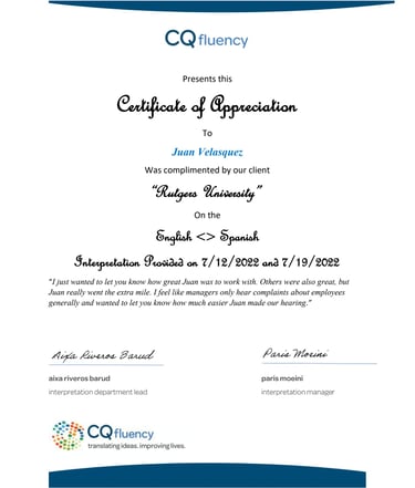 Certificate of Apreciation to Juan Velasquez