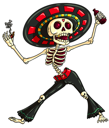 A happy male skeleton dancing with a beer celebrating day of the dead or halloween mexican sombrero