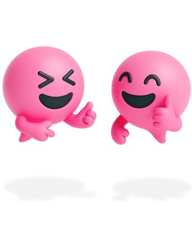 Two cheerful Blabit bubbles with closed happy eyes giving thumbs up gestures