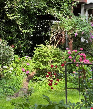 Ein Garten mit bunten Blüten im Sonnenschein vor einem Hauseingang.