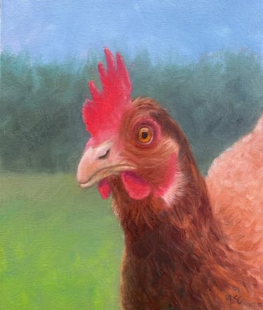 An original oil painting of a brown chicken hen close up