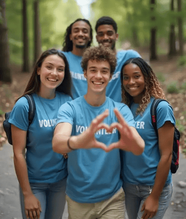 a group of young people standing in front of a forest