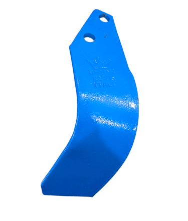 Blue steel tiller blade for agricultural machinery, showing curved design and mounting holes.