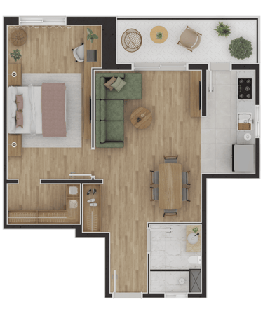 Planta humanizada de apartamento para apresentação de projeto de interiores.